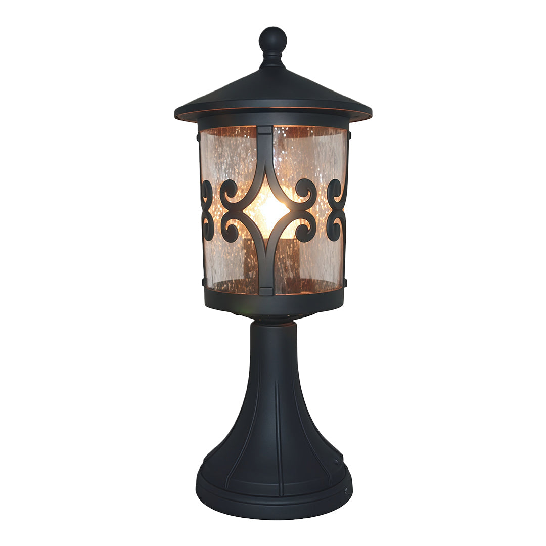Classic Outdoor Pillar Light — Sand-Black Cast Aluminum and Glass, 9W E26, IP44, 3000K
