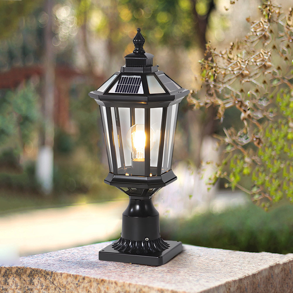 Octagonal Pagoda Pillar Light — Aluminum & Glass, Solar / Hardwired, 3-Step Dimming, Black or Bronze