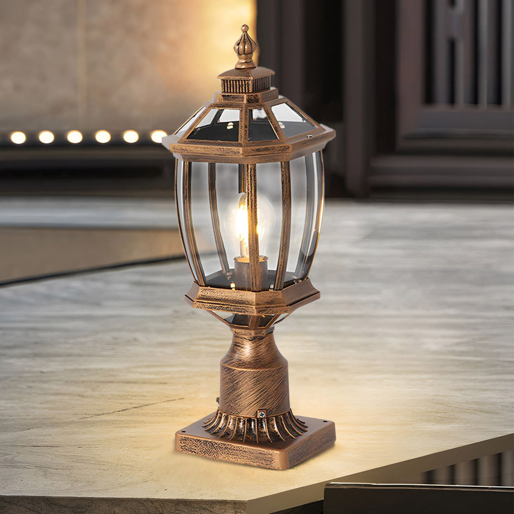 Octagonal Pagoda Pillar Light — Aluminum & Glass, Solar / Hardwired, 3-Step Dimming, Black or Bronze