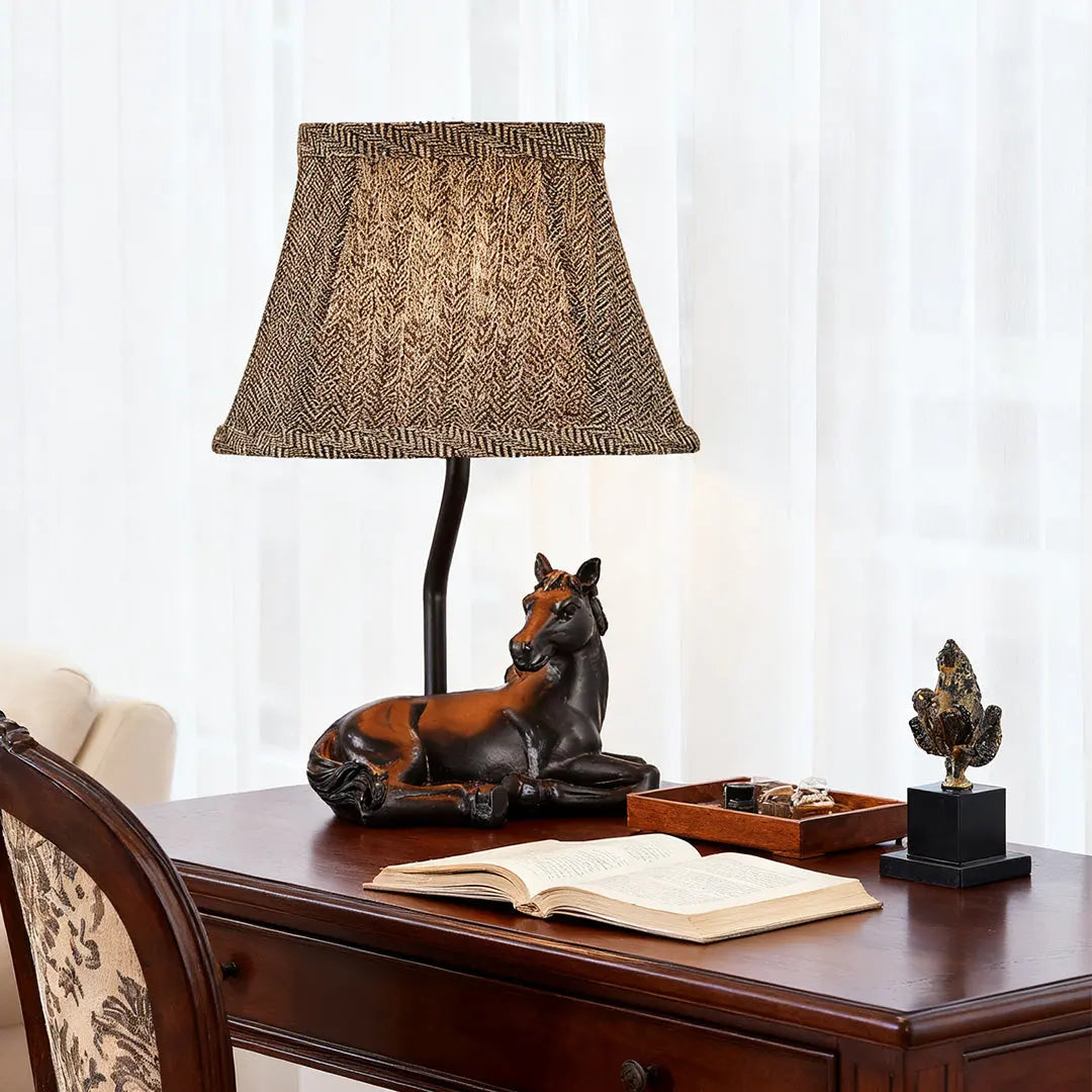 European Style Horse Table Lamp with Cloth Lampshade and Resin Base for Ambiance Lighting Luxe