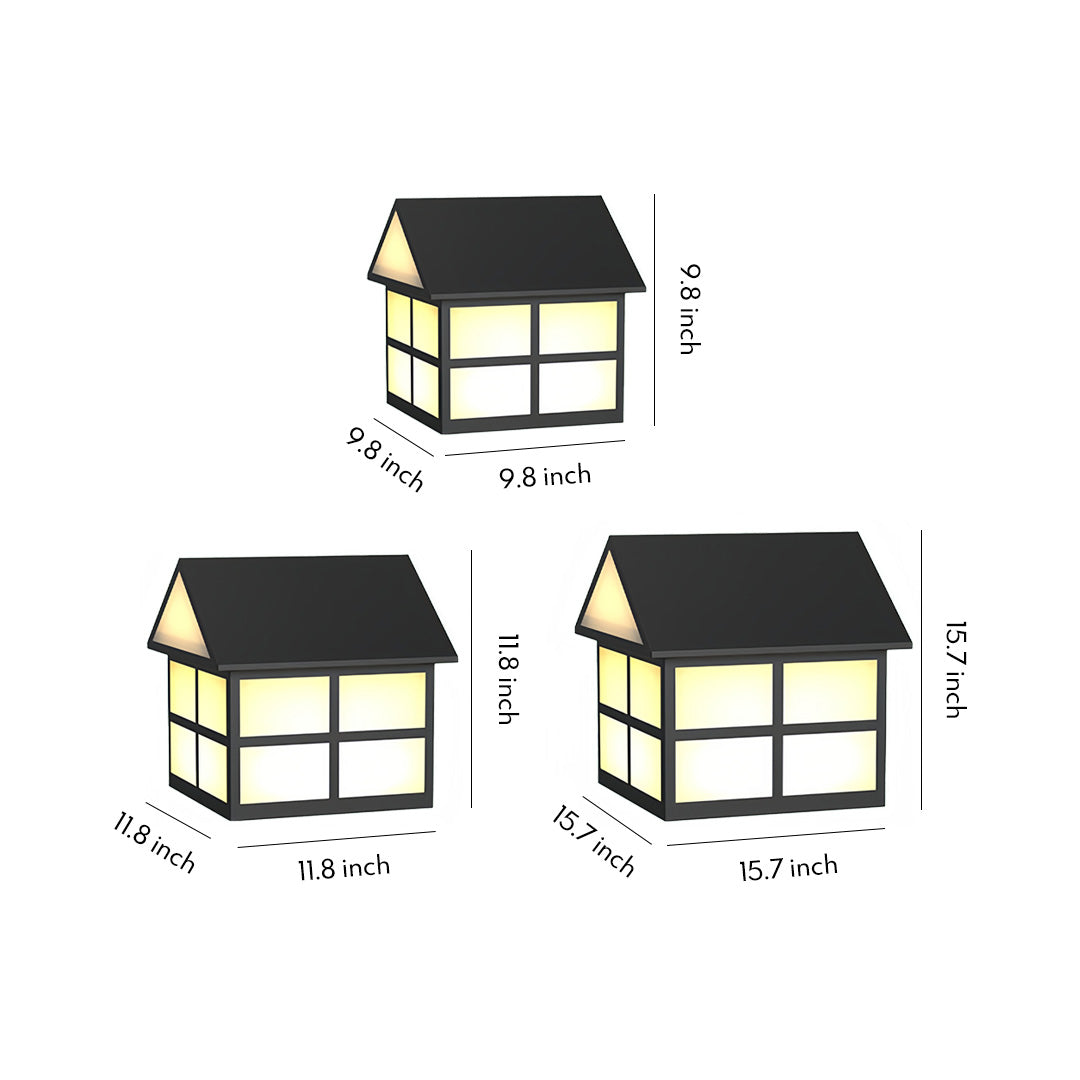 House-Shaped Gate Pillar Top Light — Black Stainless Steel, 5W LED, Solar or Hardwired, IP65, 3 Sizes