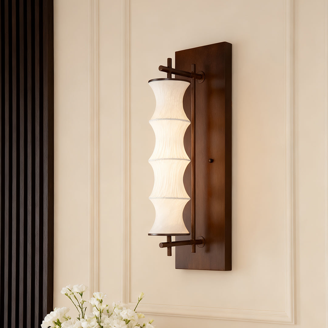 Vintage Bamboo Node Wall Sconce — Walnut Metal, Silk Shade, 8W 3000K LED, 23.6"