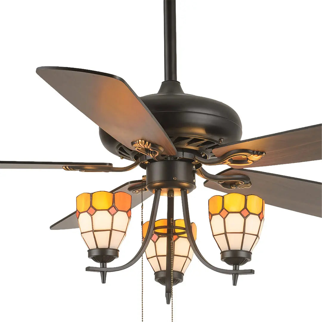 Vintage-Inspired Ceiling Fan with Lights - Dark Wood Grain Lamp Luxe