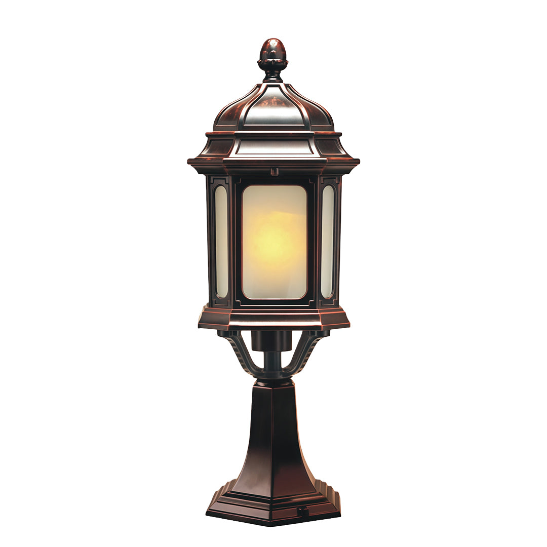 European Classic Outdoor Patio Pillar Light — Coffee Aluminum, Transparent Glass, 9W E26 LED, IP44, Hardwired