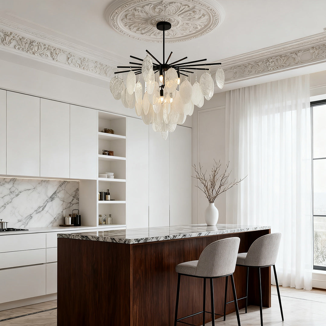 Minimalist Mother-of-Pearl Cone Chandelier — Matte Black Metal, Transparent Glass, Adjustable 36" Rod, E12