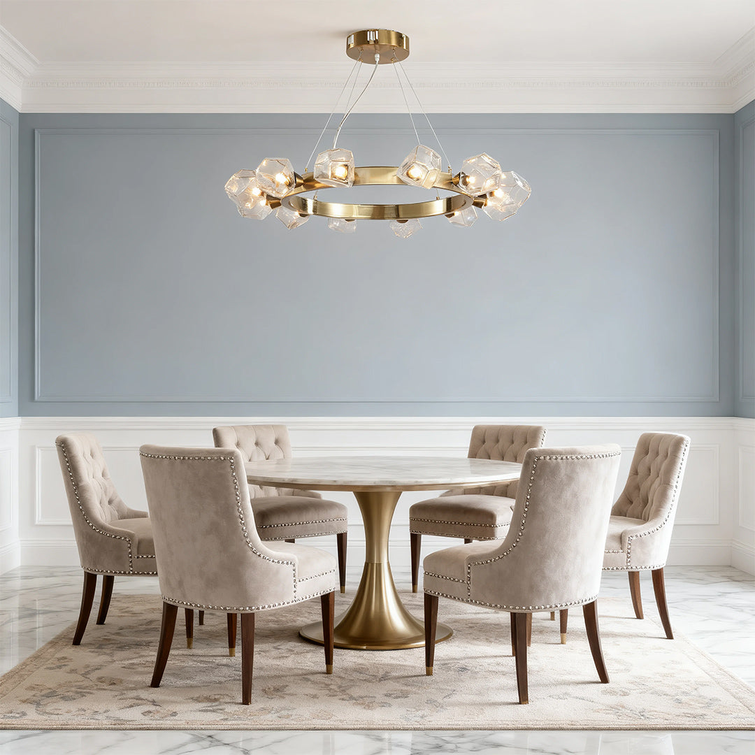 Polished Brass Ring Chandelier — Gold, Circular Geometric, Transparent Glass Shades, E12, 30.9" Diameter