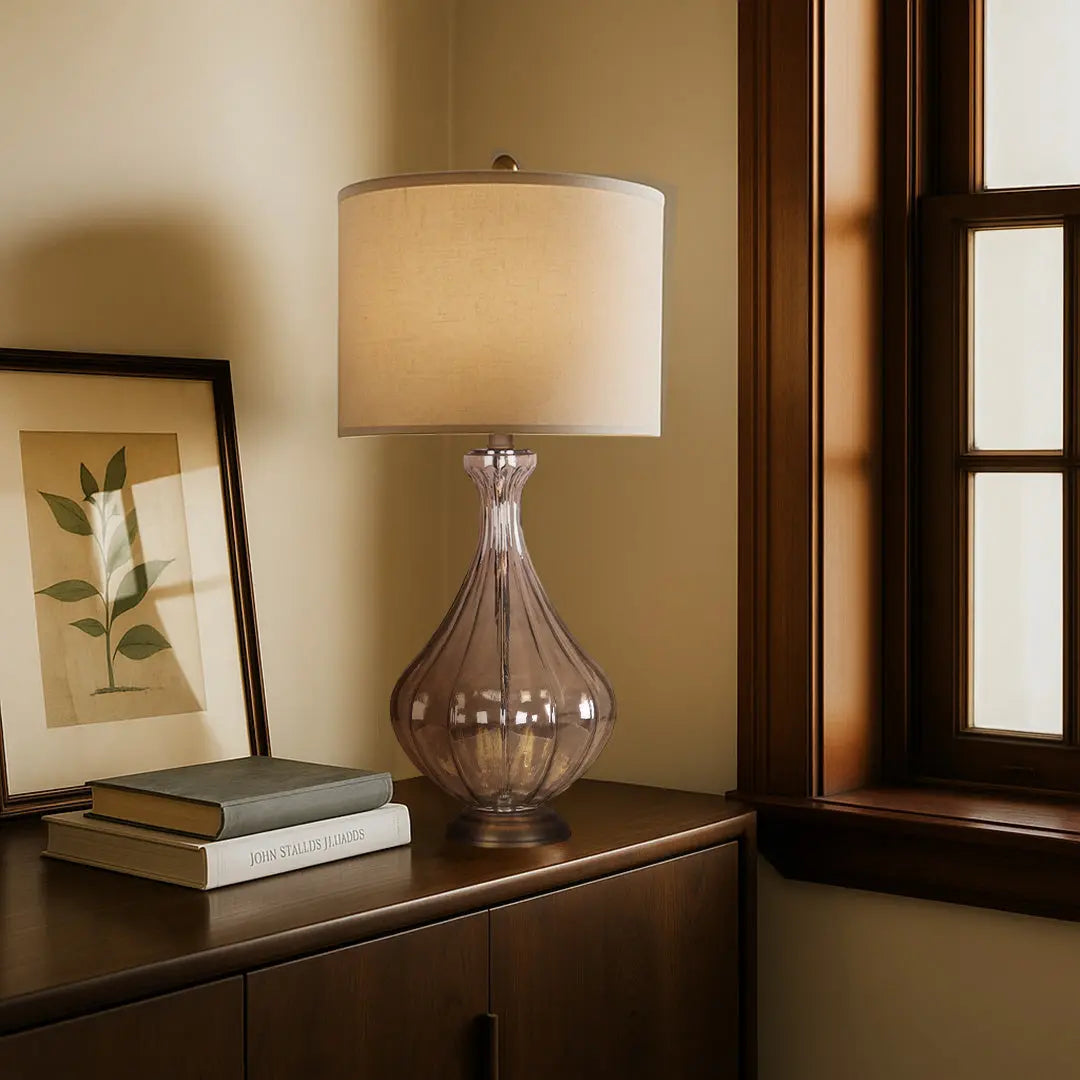 Classic Linen Shade Table Lamp with a Sculptural Glass Base Luxe