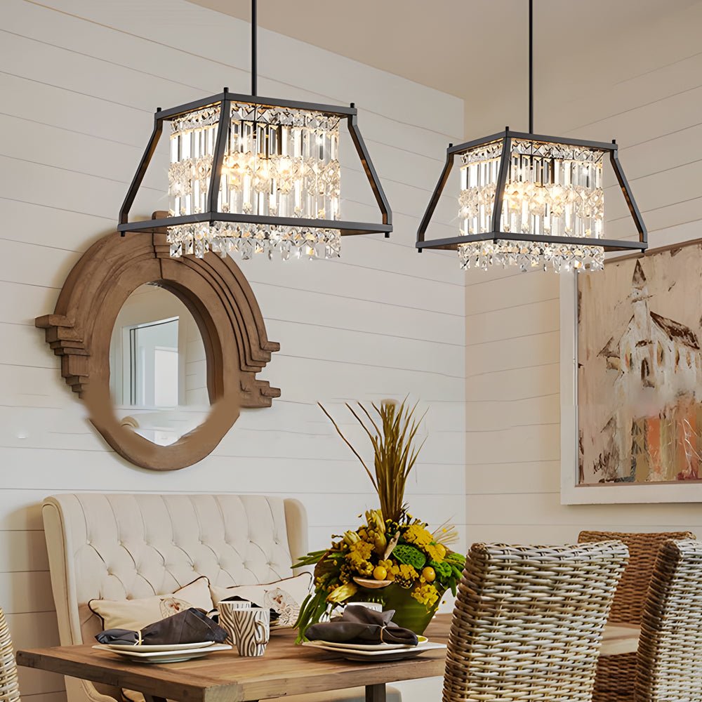 Trapezoidal Crystal Chandelier — Black Metal Frame, E12 4-Light, Two Sizes