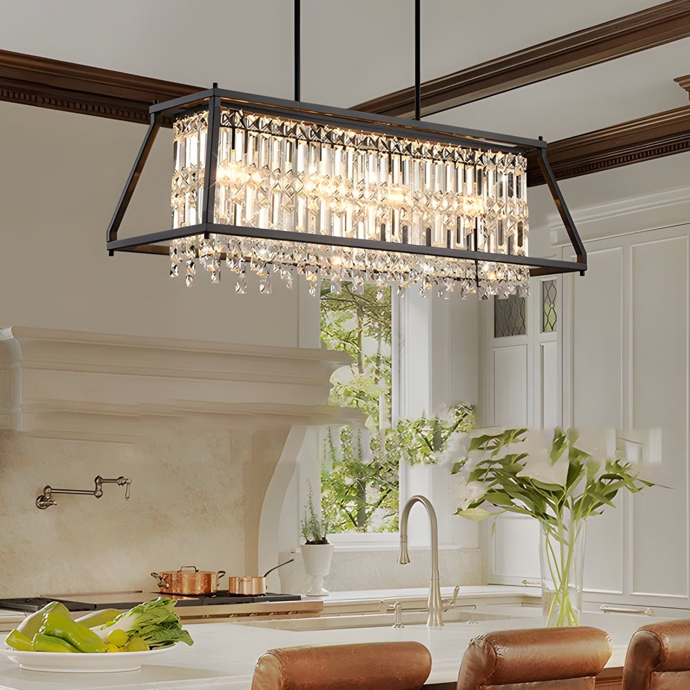 Trapezoidal Crystal Chandelier — Black Metal Frame, E12 4-Light, Two Sizes