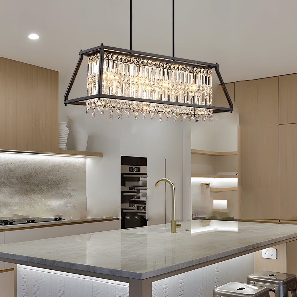 Trapezoidal Crystal Chandelier — Black Metal Frame, E12 4-Light, Two Sizes