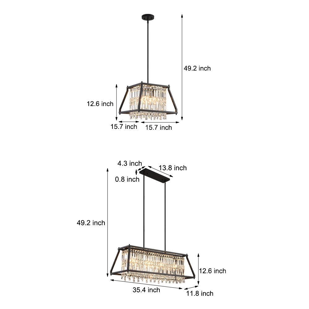 Trapezoidal Crystal Chandelier — Black Metal Frame, E12 4-Light, Two Sizes