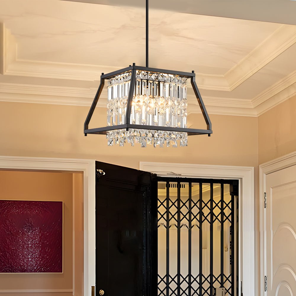 Trapezoidal Crystal Chandelier — Black Metal Frame, E12 4-Light, Two Sizes
