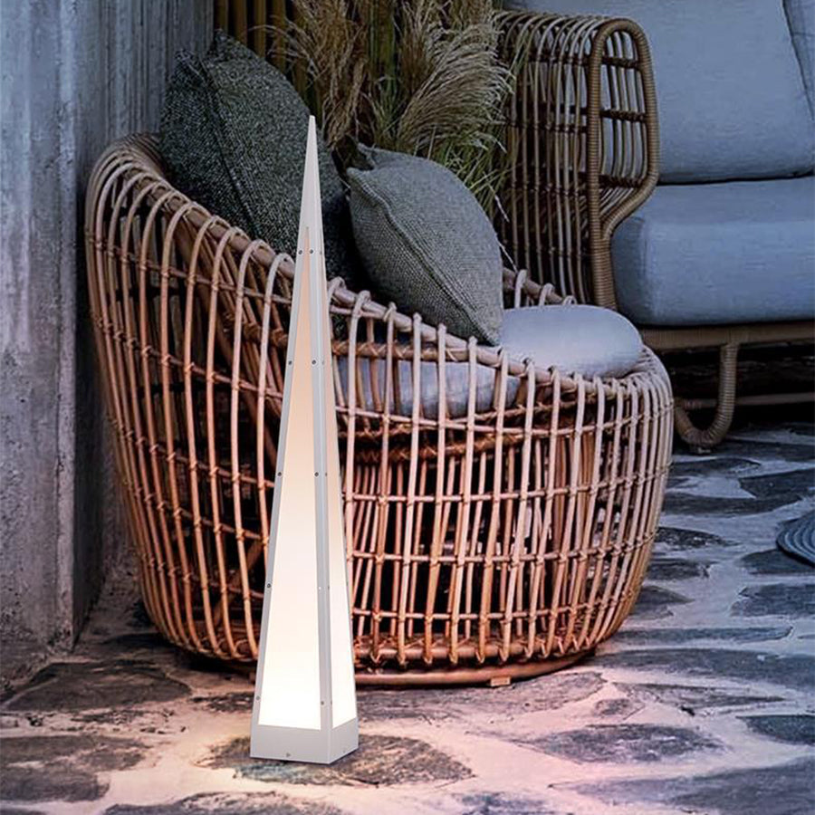 Pyramid Geometric Outdoor Floor Lamp — Stainless Steel, USB Rechargeable, 2W LED, IP54, 3000K Warm White