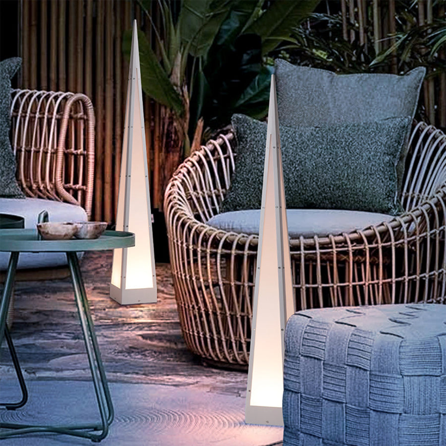 Pyramid Geometric Outdoor Floor Lamp — Stainless Steel, USB Rechargeable, 2W LED, IP54, 3000K Warm White