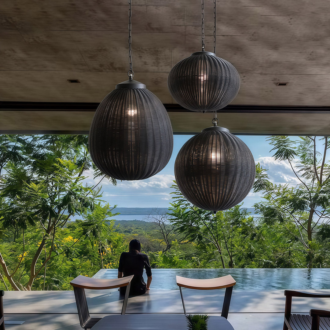 Woven Rattan Outdoor Pendant Light — Black Iron, LED, 7W, 47.2" Adjustable Chain, 3 Sizes