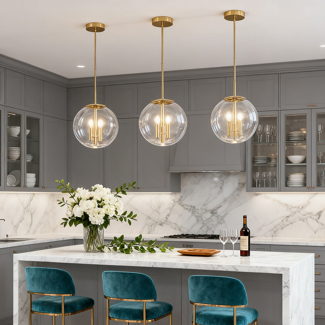 Clear Globe Pendant Light — Gold Metal Frame, Transparent Glass, E12, 2-Light, Adjustable to 52.76"