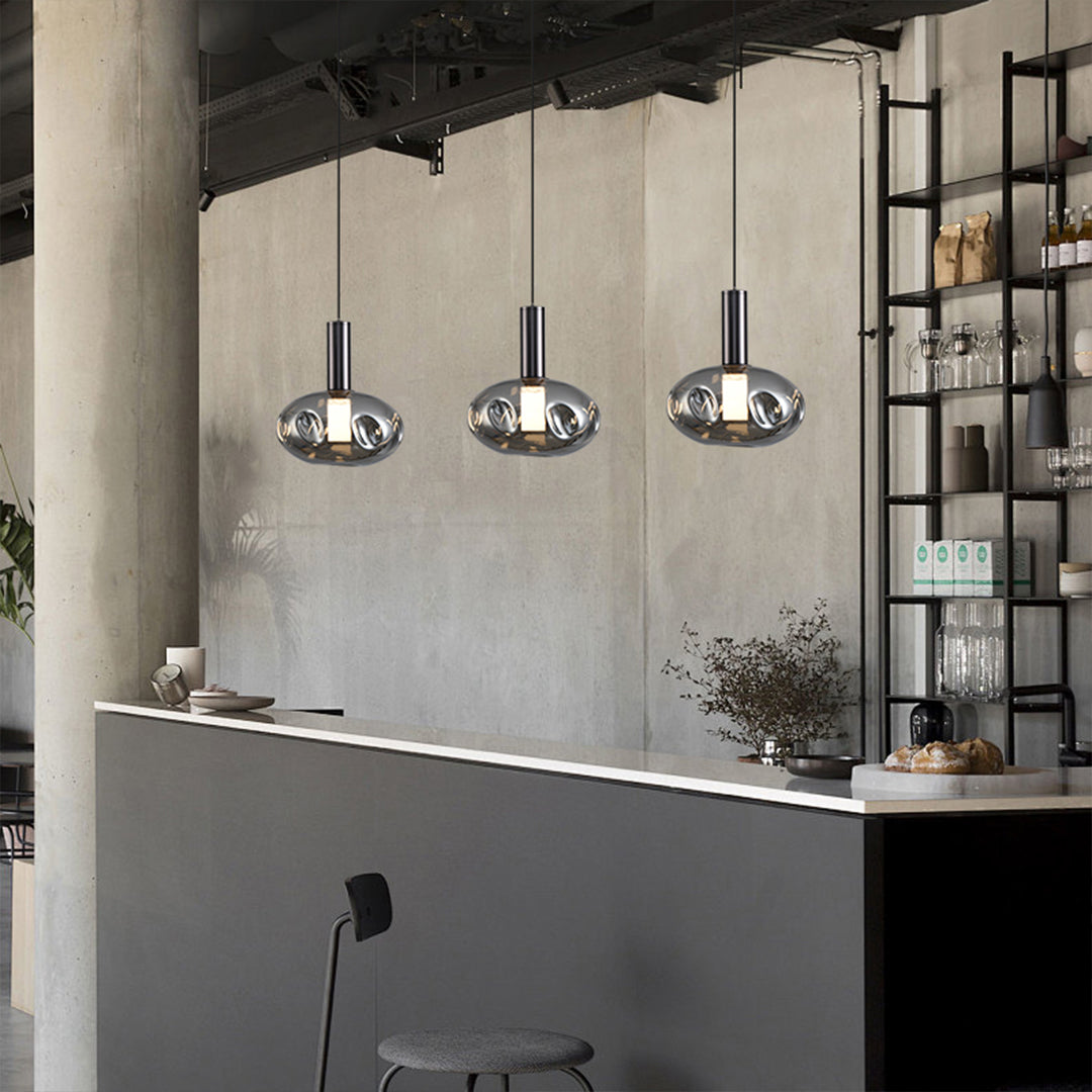 Minimalist Branch Drum Pendant Light — Wrought Iron, Smoke Grey Glass, Three-Color Dimming, Adjustable Chain