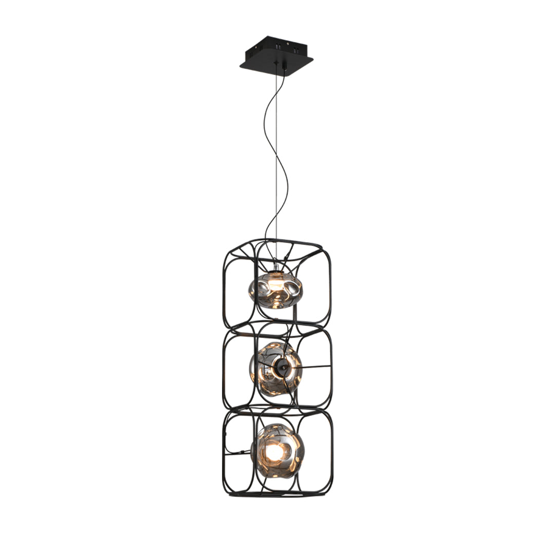 Magic Cube Caged Geometric Pendant — Black Iron, Smoked Glass, LED, 7W–28W, 1- to 4-Light