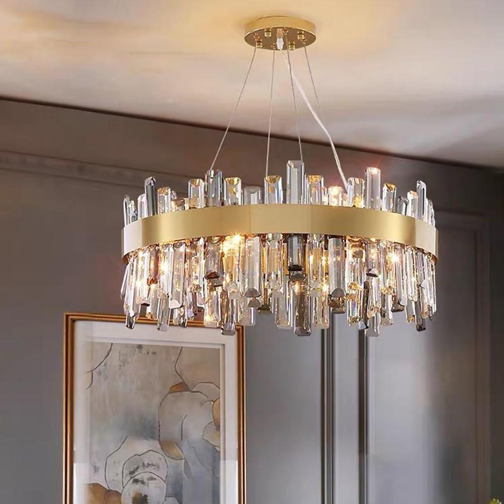 8-Light Round Crystal Chandelier — Gold Stainless Steel, Modern Lantern, LED E12/E14, 20" Diameter