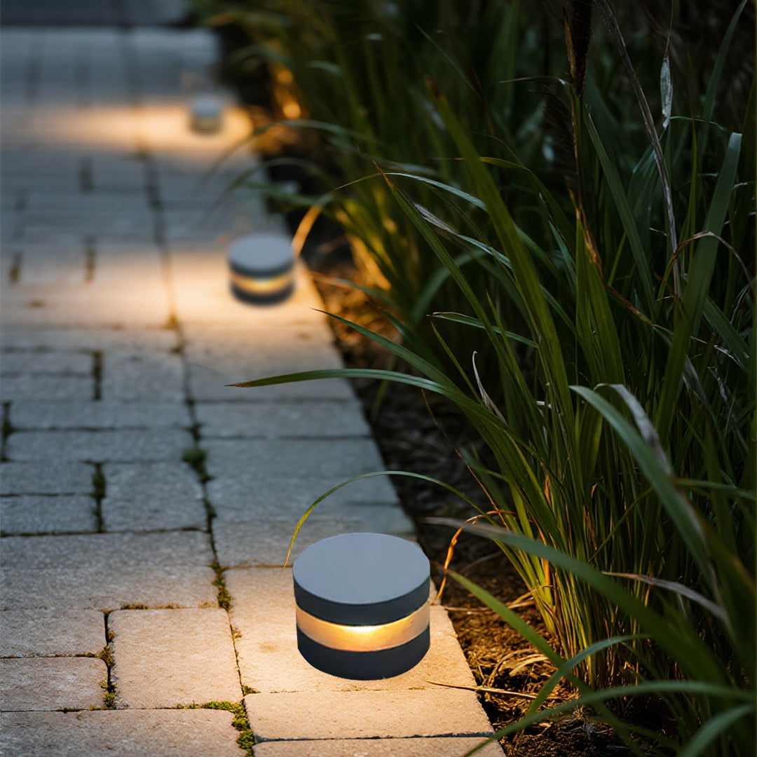 Minimalist Outdoor Bollard Light — Sand-Gray Aluminum and Glass, 12W LED, 3000K, IP65 Weatherproof, Hardwired, 110V