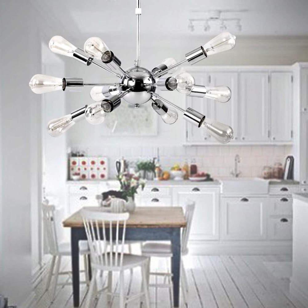 Sputnik Chandelier — Metal, Chrome or Black, 12-Light, 60W, 28" Adjustable Cord, Dining Room / Kitchen