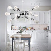 Sputnik Chandelier — Metal, Chrome or Black, 12-Light, 60W, 28" Adjustable Cord, Dining Room / Kitchen