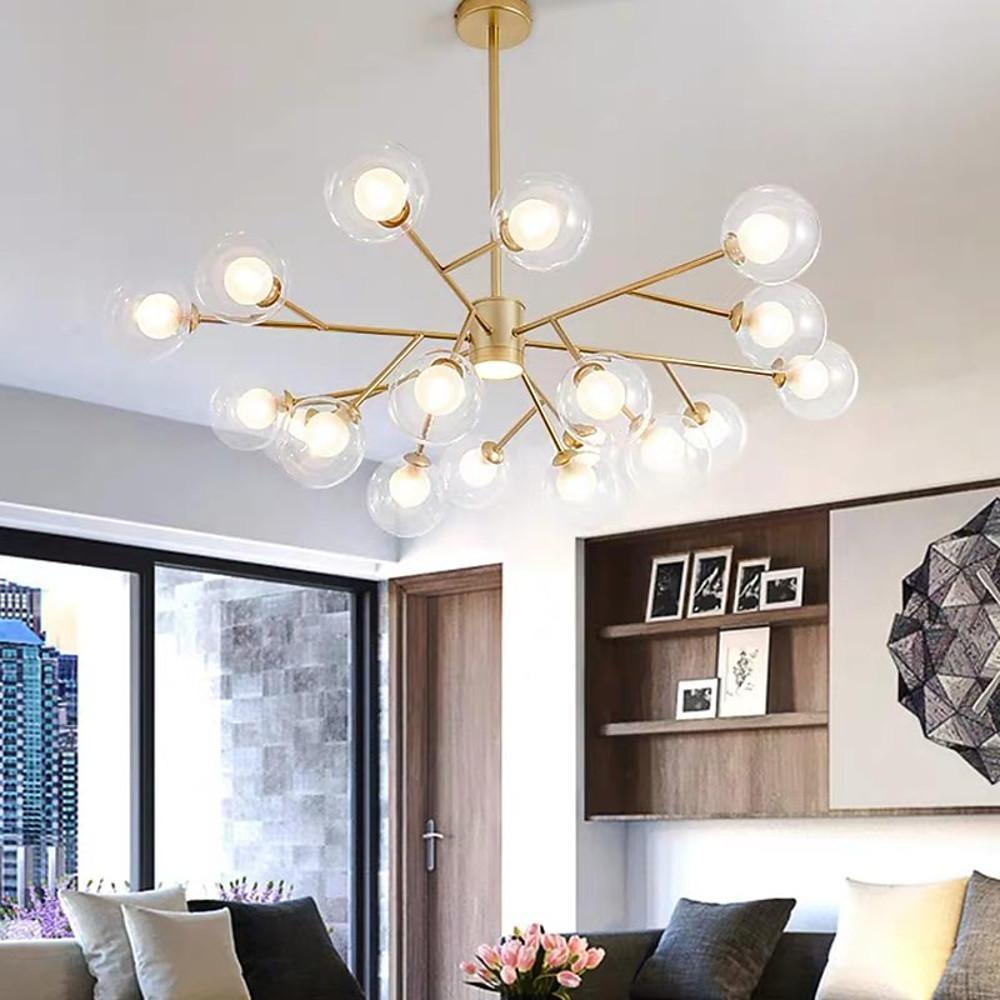 Modern Lantern Chandelier — Glass and Gold Metal, G9, 9-Light, 35" Diameter