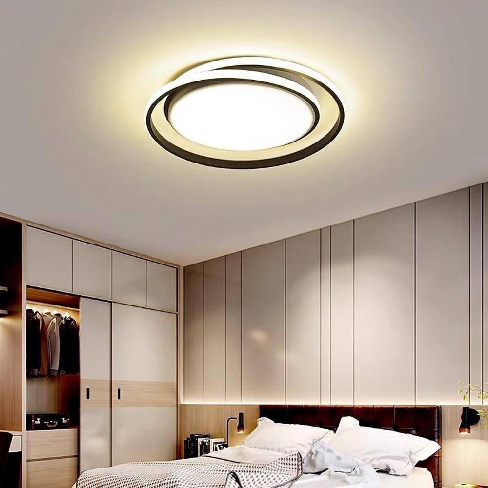 Circular LED Flush-Mount Ceiling Light — Black and Gold, Metal and Acrylic, 18" Diameter, Bedroom