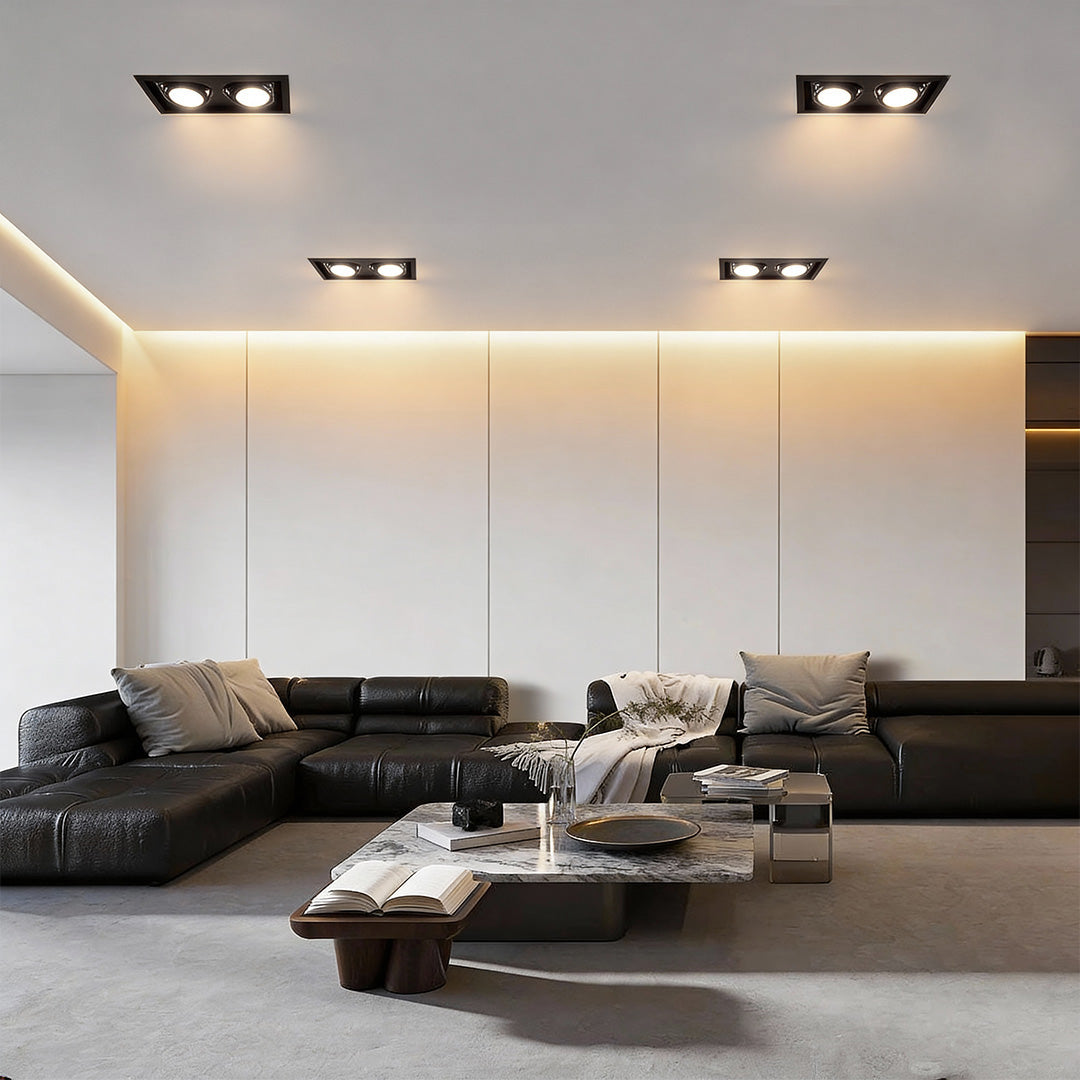 Rectangular Twin-Head Recessed Spotlight — Aluminum, 24W LED, 45° Adjustable, 3-Step Color Dimming