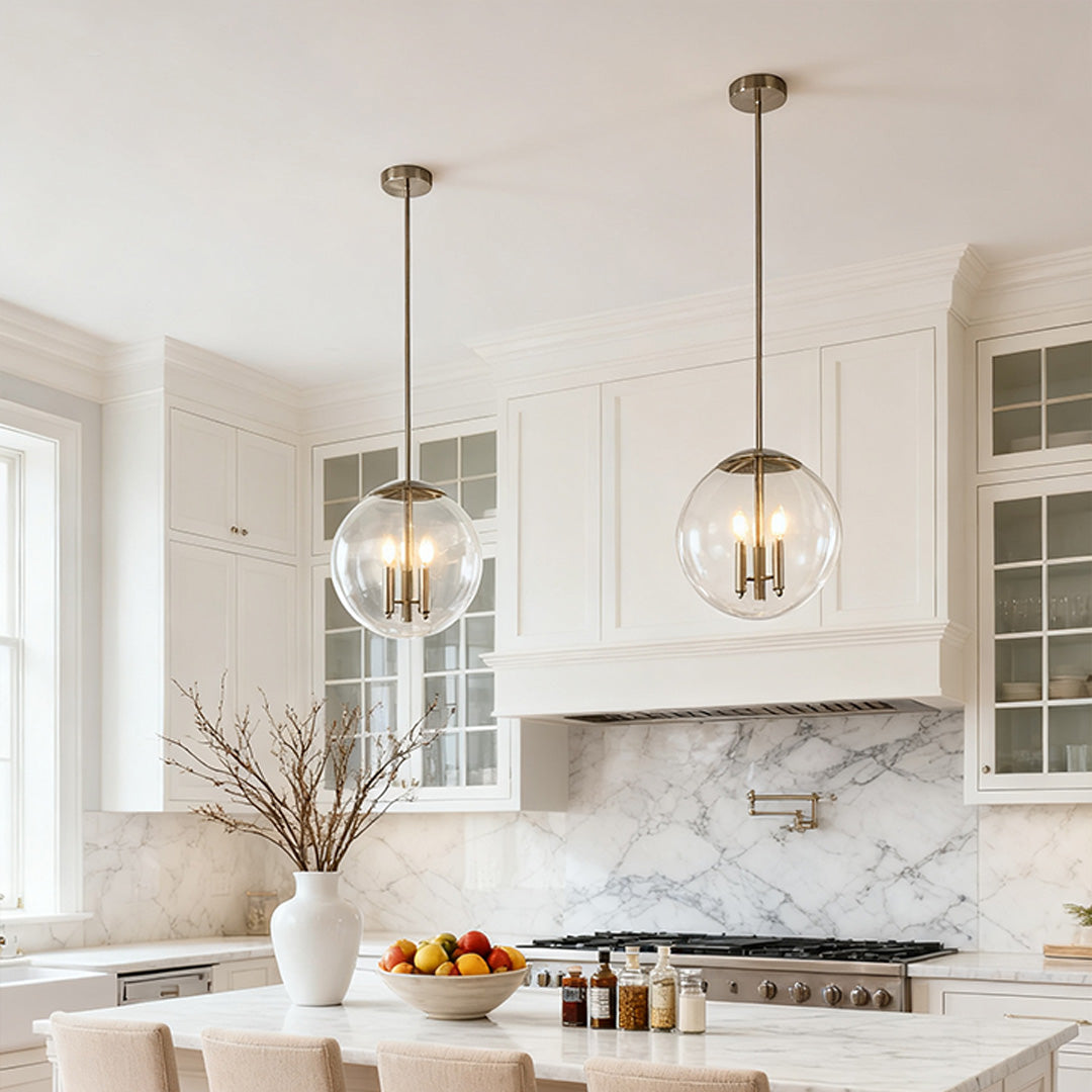 Glass Orb Pendant Light — Silver Metal, 2-Light, Adjustable Rod, E12, 16.9"