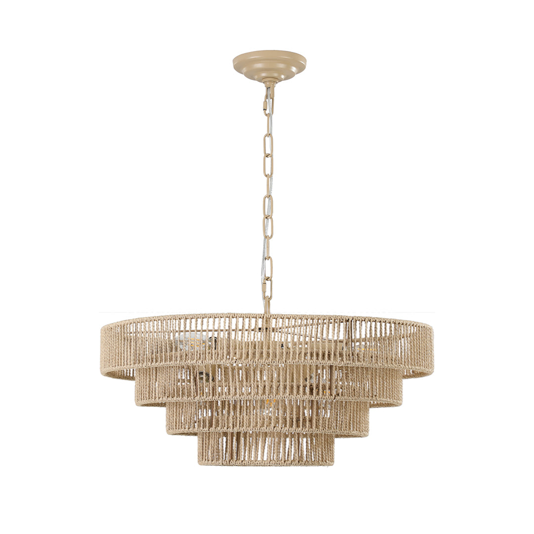 Zen Jute-Rope Chandelier — Iron Frame, Hand-Woven Natural Jute, 6-Light or 8-Light, E12, 59.1" Adjustable Chain