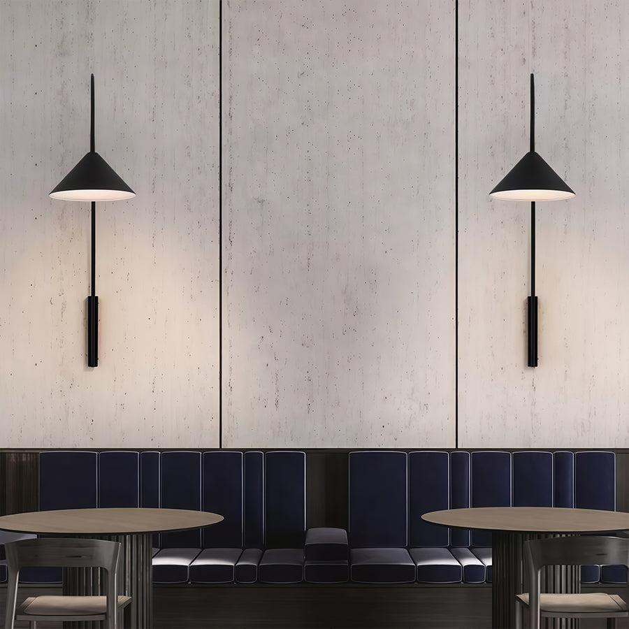 Long-Arm Wall Sconce — Black Iron, E14, Interchangeable Round Glass or Trumpet Shade, Three-Step Dimming, Hardwired
