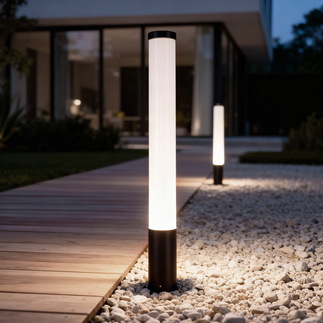 Cylindrical Acrylic Tube Bollard Light — Die-Cast Aluminum, LED, 360° Ambient, IP65, 23.6"–39.4" Heights