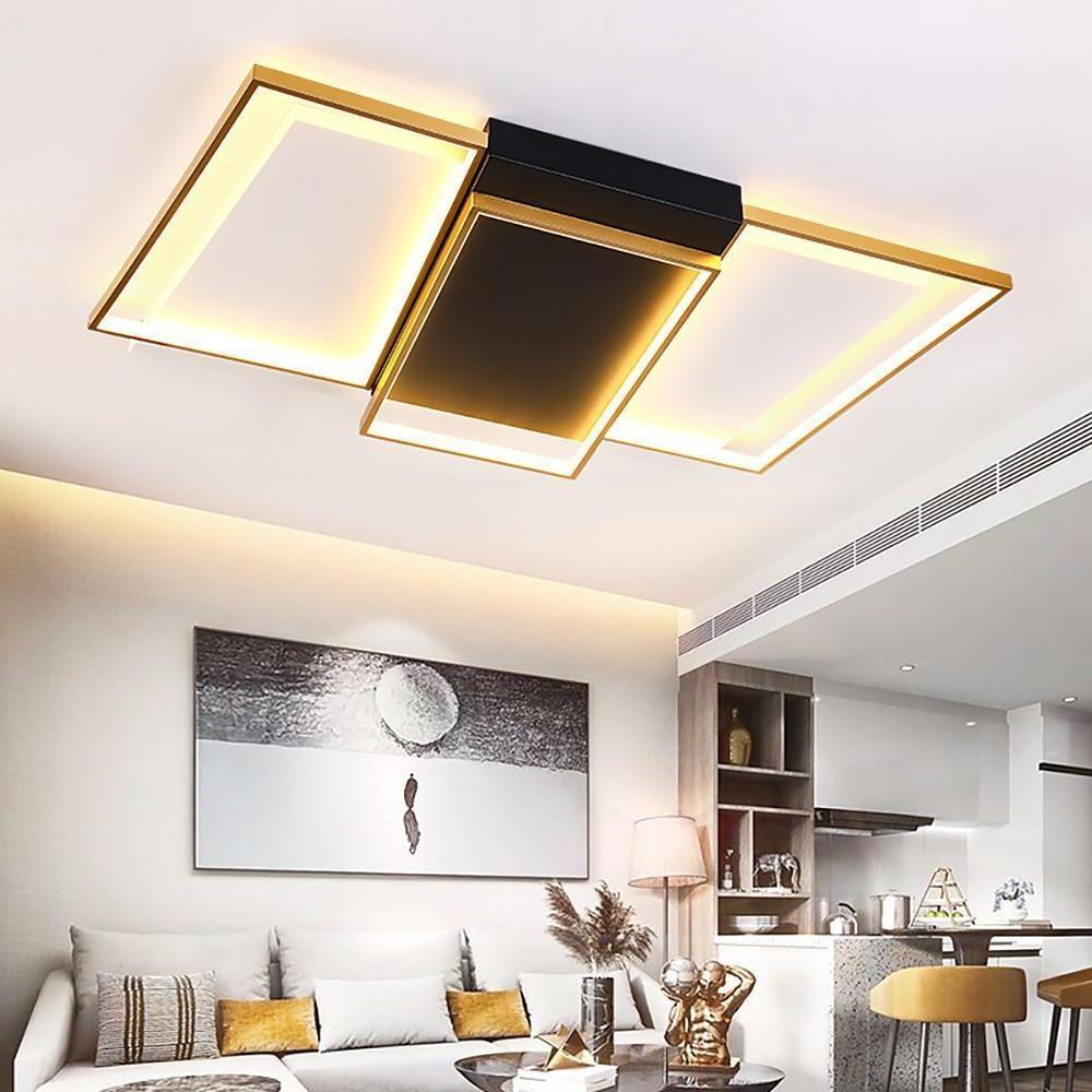 Geometric Rectangle and Round LED Flush-Mount Chandelier — Black and Gold, 3-Step Dimming, Multiple Sizes
