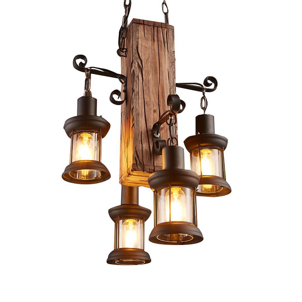 Lodge-Style Farmhouse Chandelier — Wood and Bamboo, 4-Light Lantern, 18" Diameter, Adjustable 20" Chain