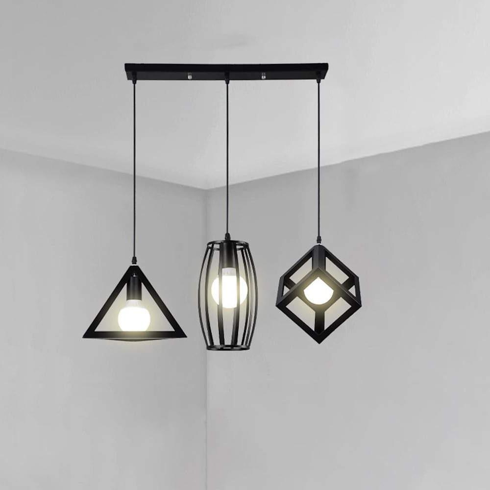 Geometric Multi-Light Pendant — Black Metal, Industrial Retro, Adjustable 59" Cord