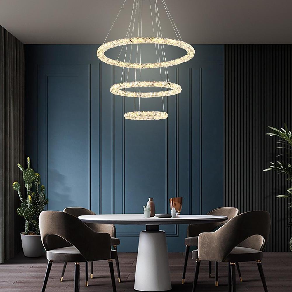 Tiered Crystal Ring Chandelier — Metal & Crystal, LED 3000K, 3-Ring or 4-Ring, 39" Adjustable Cord