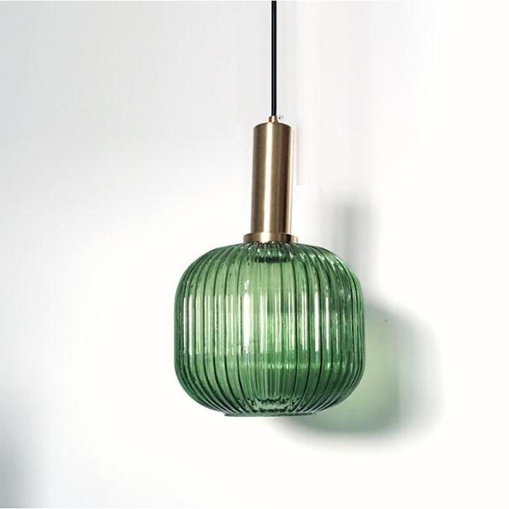 71" Ribbed Blown Glass Mini Pendant — Antique Metal, LED, 40W, 8" Diameter, 59" Cord, Amber / Green / Gray