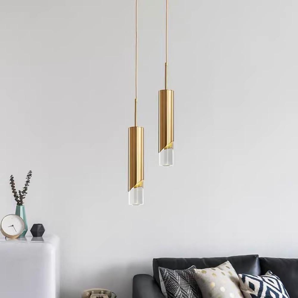 Crystal Column Mini Pendant — Gold-Finish Iron, Elongated Cylinder, GU10 LED, 3-Step Dimming, 2700K / 6000K