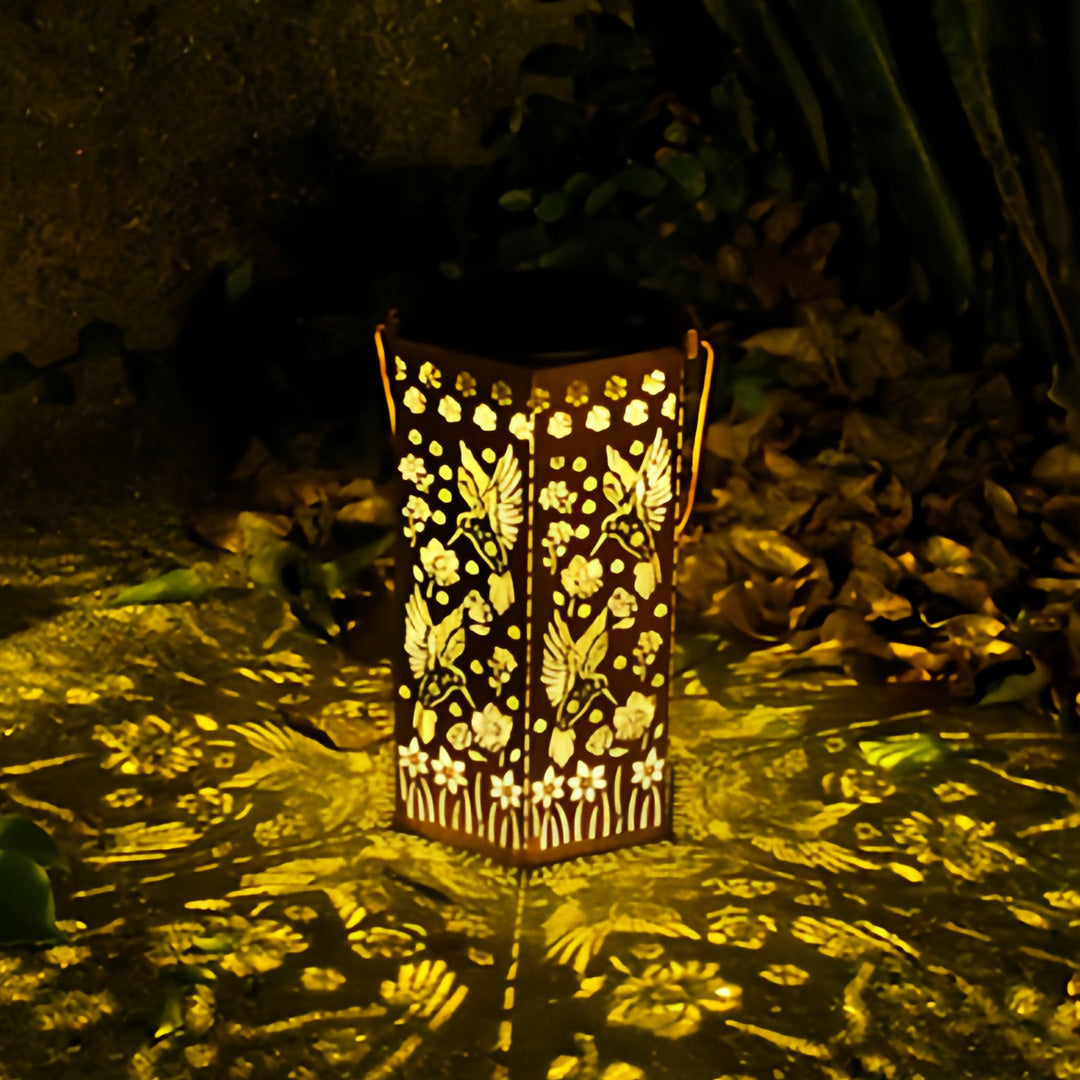 Hollow-Out Hexagonal Solar Outdoor Lantern — Copper-Red Wrought Iron, 0.5W Warm LED, IP44, 600mAh, Nature Motifs