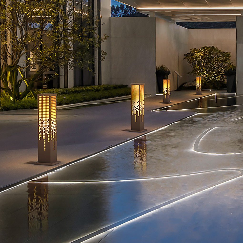 Cube-Form Outdoor Bollard Light — Stainless Steel with Imitation Marble Finish, E27, IP54, 23.62" H