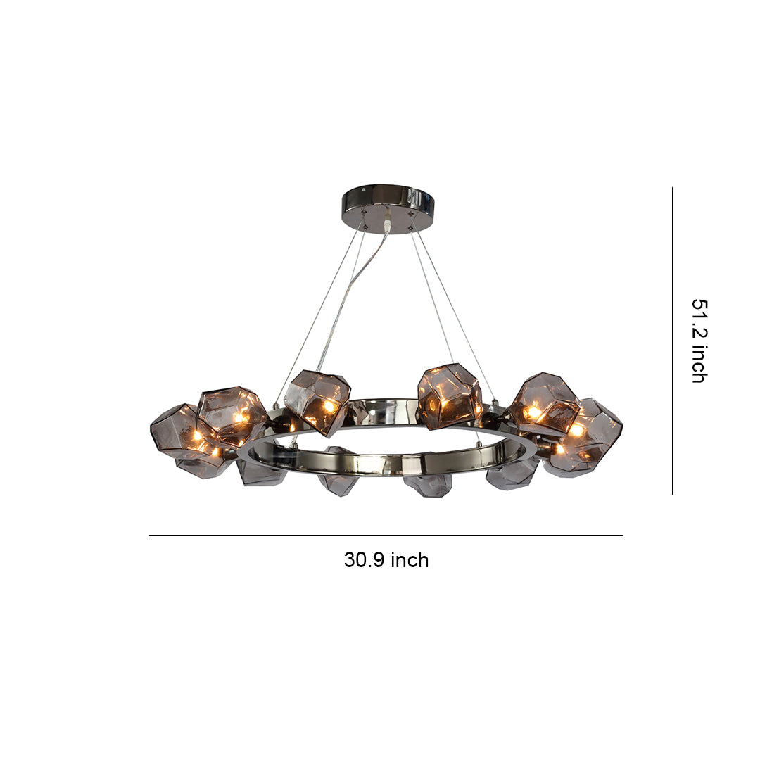 Geometric Glass Shade Round Chandelier — Black Metal, E12, Adjustable 1.8m Cord, 30.9"