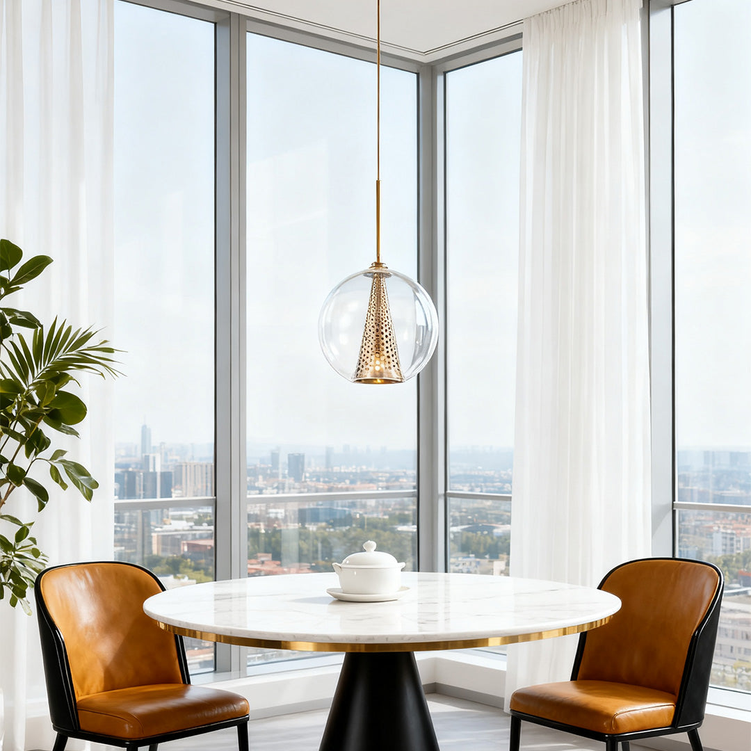 Glass Ball and Perforated Cone Pendant — Natural Copper, Italian Minimalist, E26, Adjustable Rod