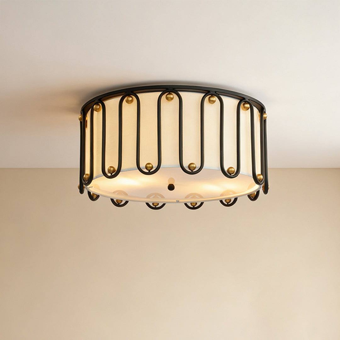 Vintage Round Drum Flush-Mount Ceiling Light — Black Metal, Acrylic Shade, E27, 20"