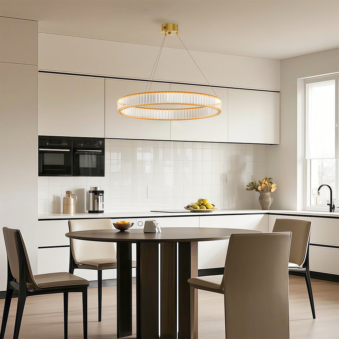 Round Crystal Ring Chandelier — Copper, Black, or Chrome, LED, Three-Step Dimming (3000K/4000K/6000K)