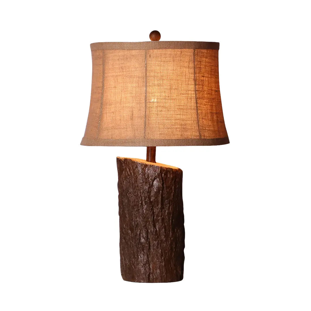 Bark-Textured Fabric Shade Faux Wood Table Lamp for Nightstands Luxe