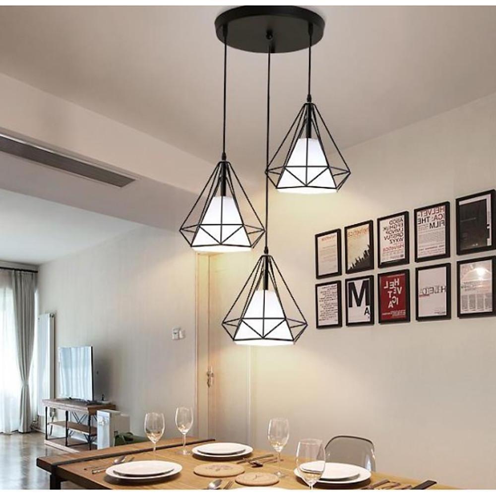 Geometric Metal and Fabric Lantern Cluster Pendant — Black Finish, 3-Light LED, 6000K, 20" Wide