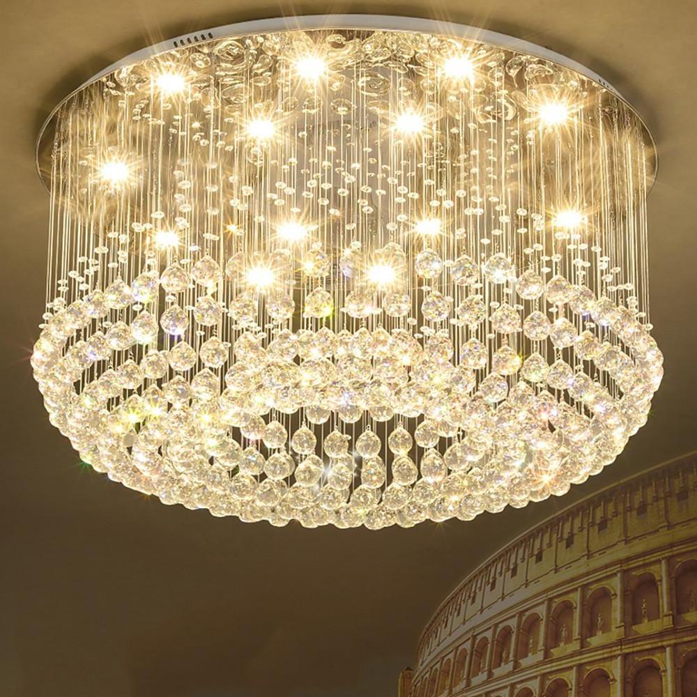 5-Tier Crystal Drum Flush-Mount Chandelier — Iron, LED, 16-Light, 31.5" Dia., Antique Brass or White