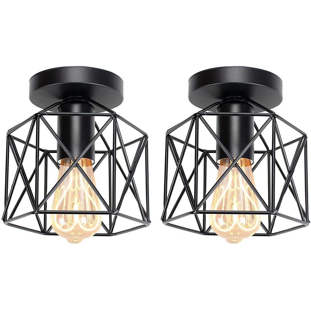 Traditional Wire Frame Lantern Semi-Flush Mount — Black Metal, E26/E27, Indoor