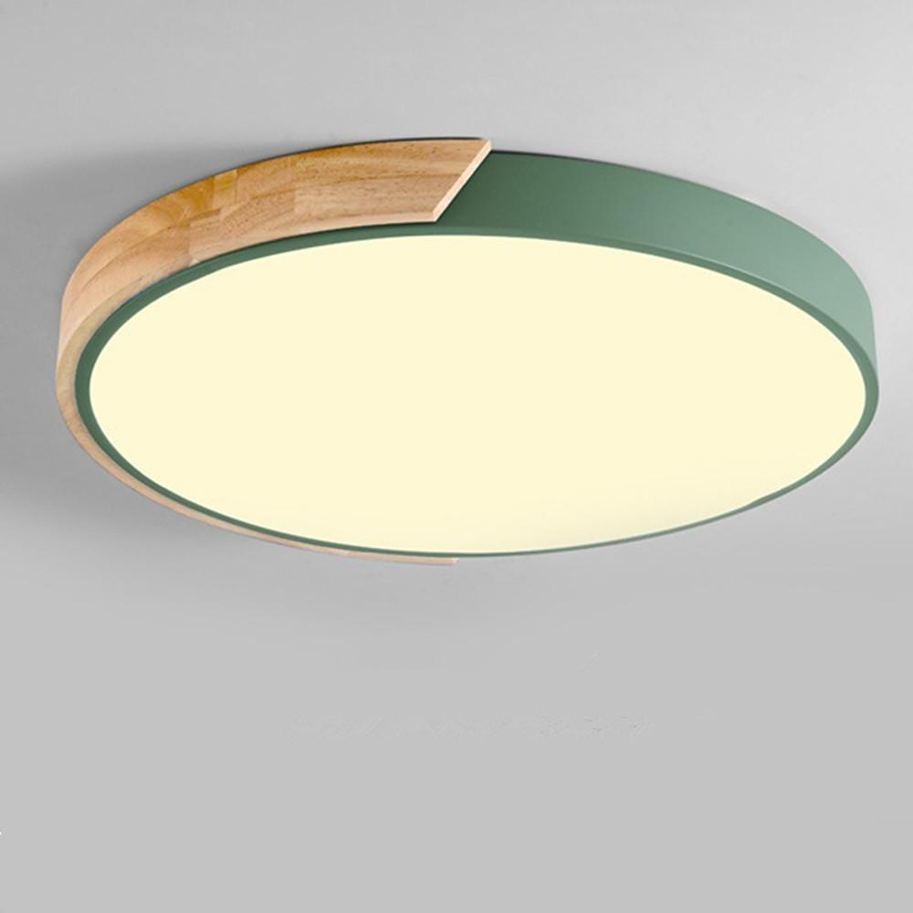 Circular Wood Flush-Mount Ceiling Light — Metal & PVC, LED, 16", 24W, Three-Step Dimming, Remote Control